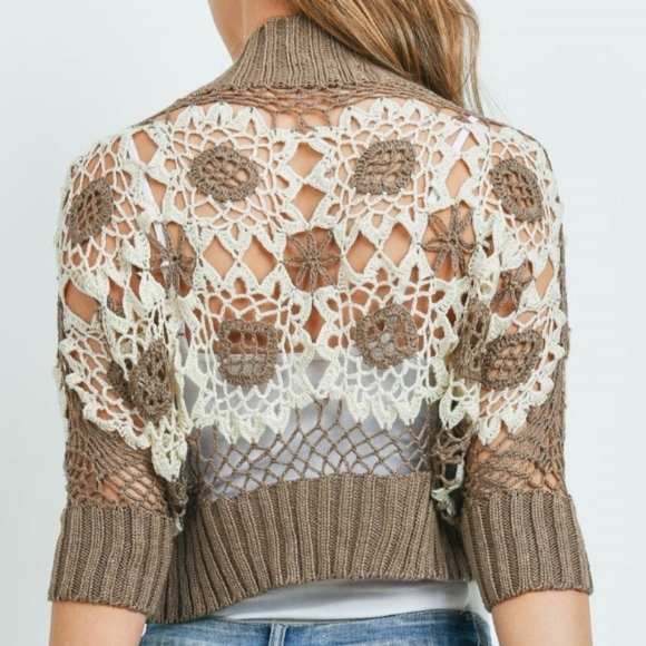 Versatile Open Stitch Modern Knit Cotton Flowers Embroidered Crop Cardigan Brown - Picture 4 of 10